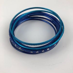 Set of 11 Bangles Bracelets Blues, Silver Tone Lightweight Fashion Jewelry